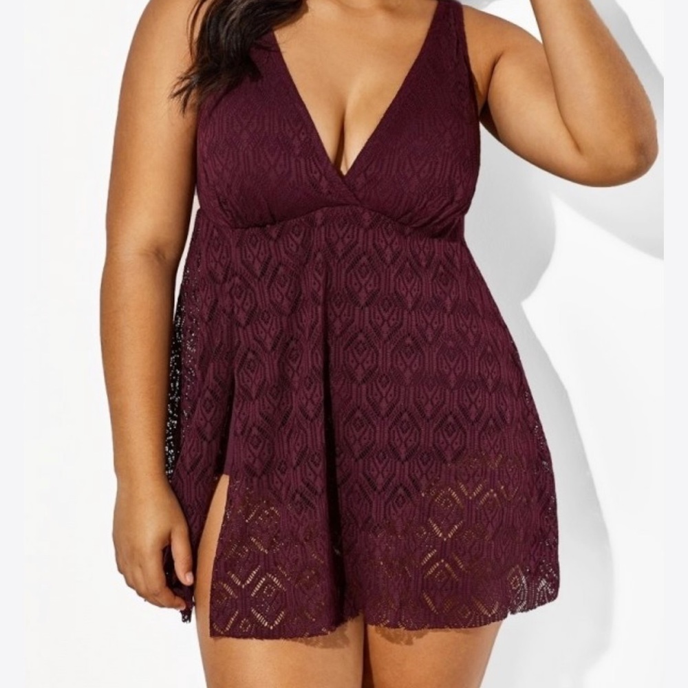Meet Curve Wine Crochet Side Slit V-Neck Graceful Swimdress (Fits like a 3XL)